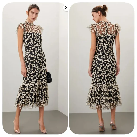 Shoshanna Black and Gold Liberty Dress Midi sz